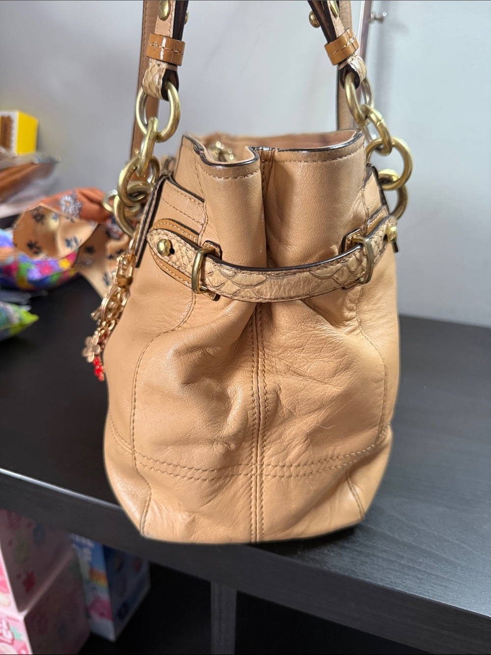Coach Tan Leather Shoulder Bag with Floral Scarf Accent - Picture 7 of 16